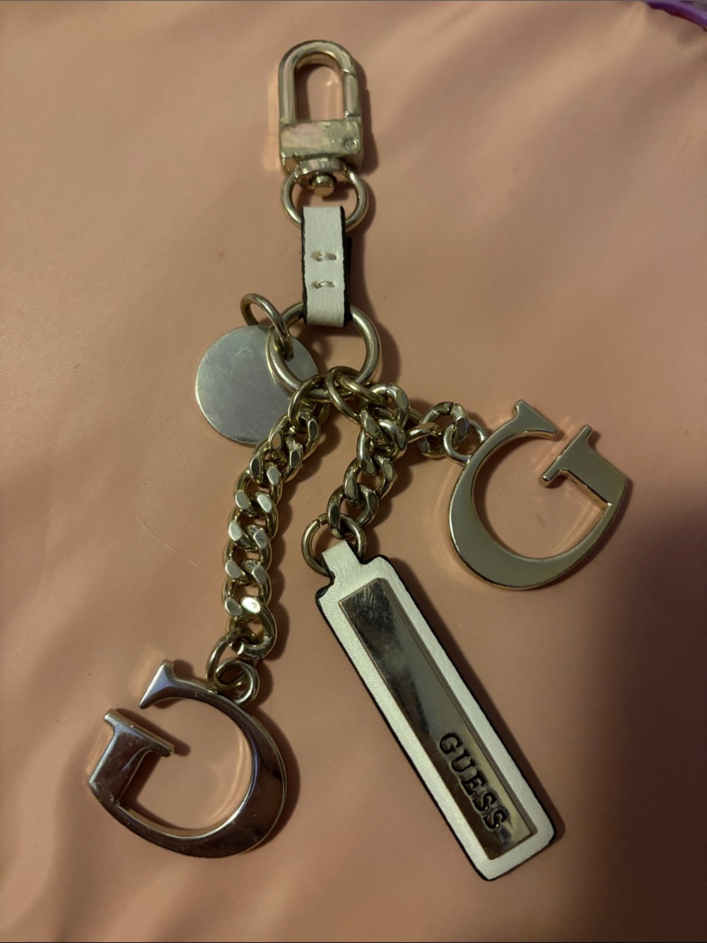 GUESS White and Gold Logo Charm Keyring